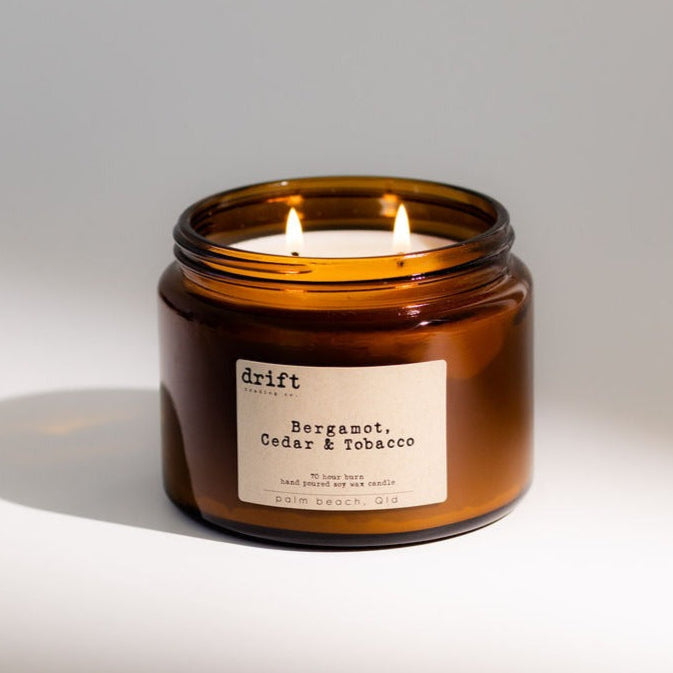 Bergamot, Cedar & Tobacco Candle in amber glass by Drift Trading Co. | Natural Soy Wax candles