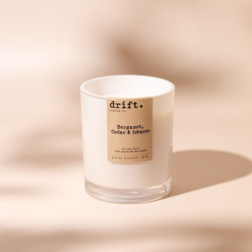 Bergamot, Cedar & Tobacco Candle in white glass vessel by Drift Trading Co. | Natural Soy Wax candles