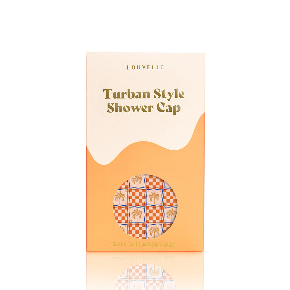 Dahlia Turban Style Shower Cap (Orange Check / Big Hair) by Louvelle