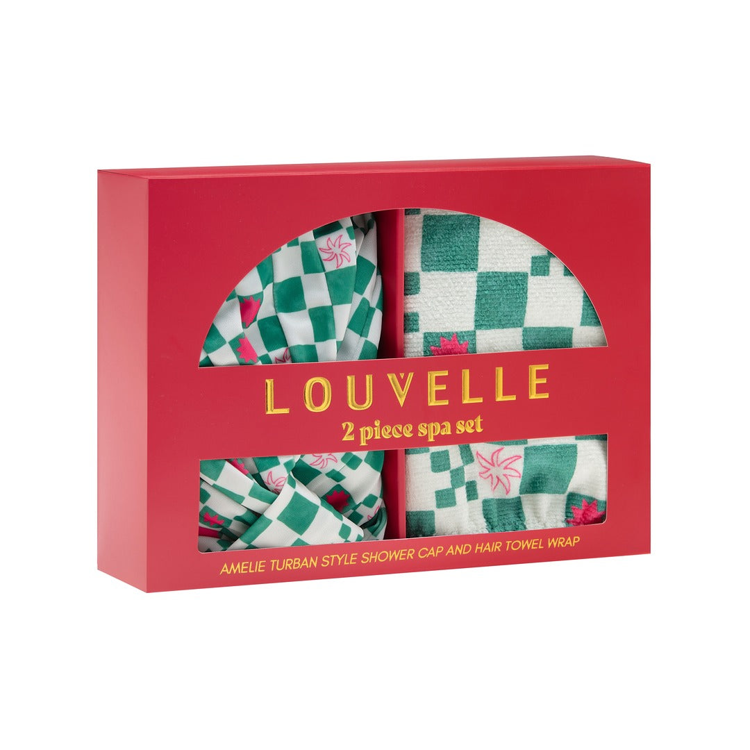 Green Check Spa Gift Set (Shower Cap & Hair Towel) by Louvelle