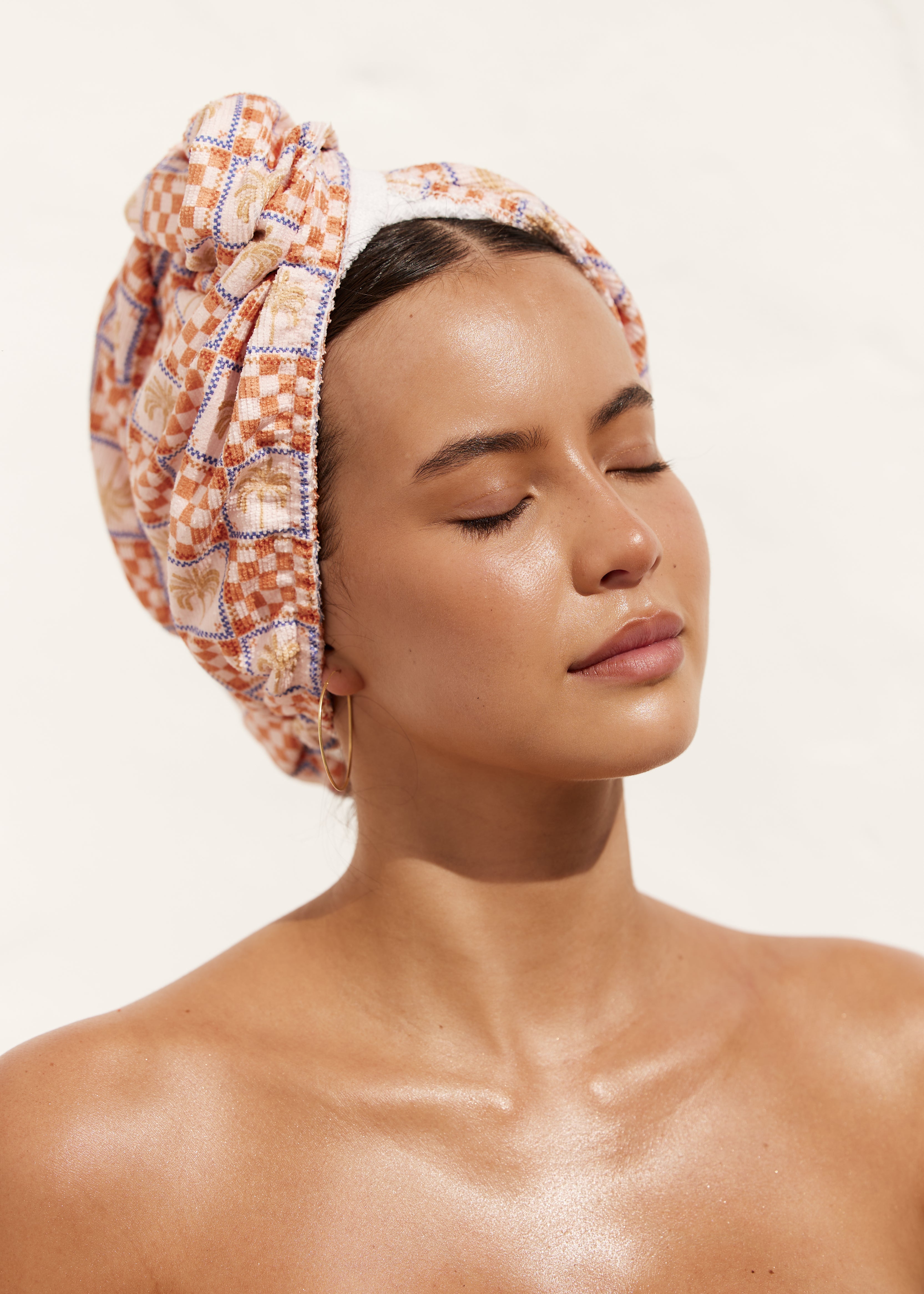 Riva Hair Towel Wrap (Orange Palm Check) by Louvelle