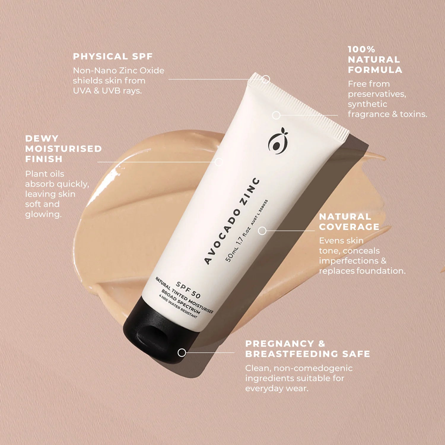 Avocado Zinc SPF 50 Natural Tinted Moisturiser