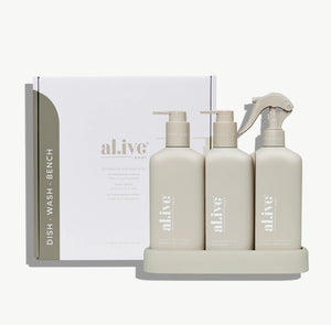 Alive Dishwashing Liquid, Hand Wash & Bench Spray + Tray, Premium Kitchen Trio