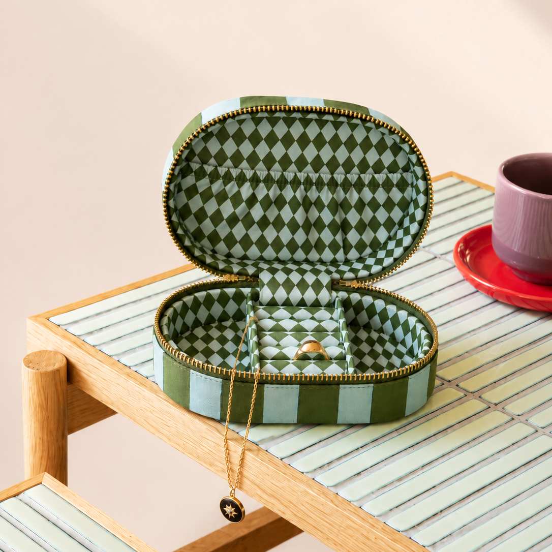 Loco Living Large Fabric Jewellery Box - Green Stripe