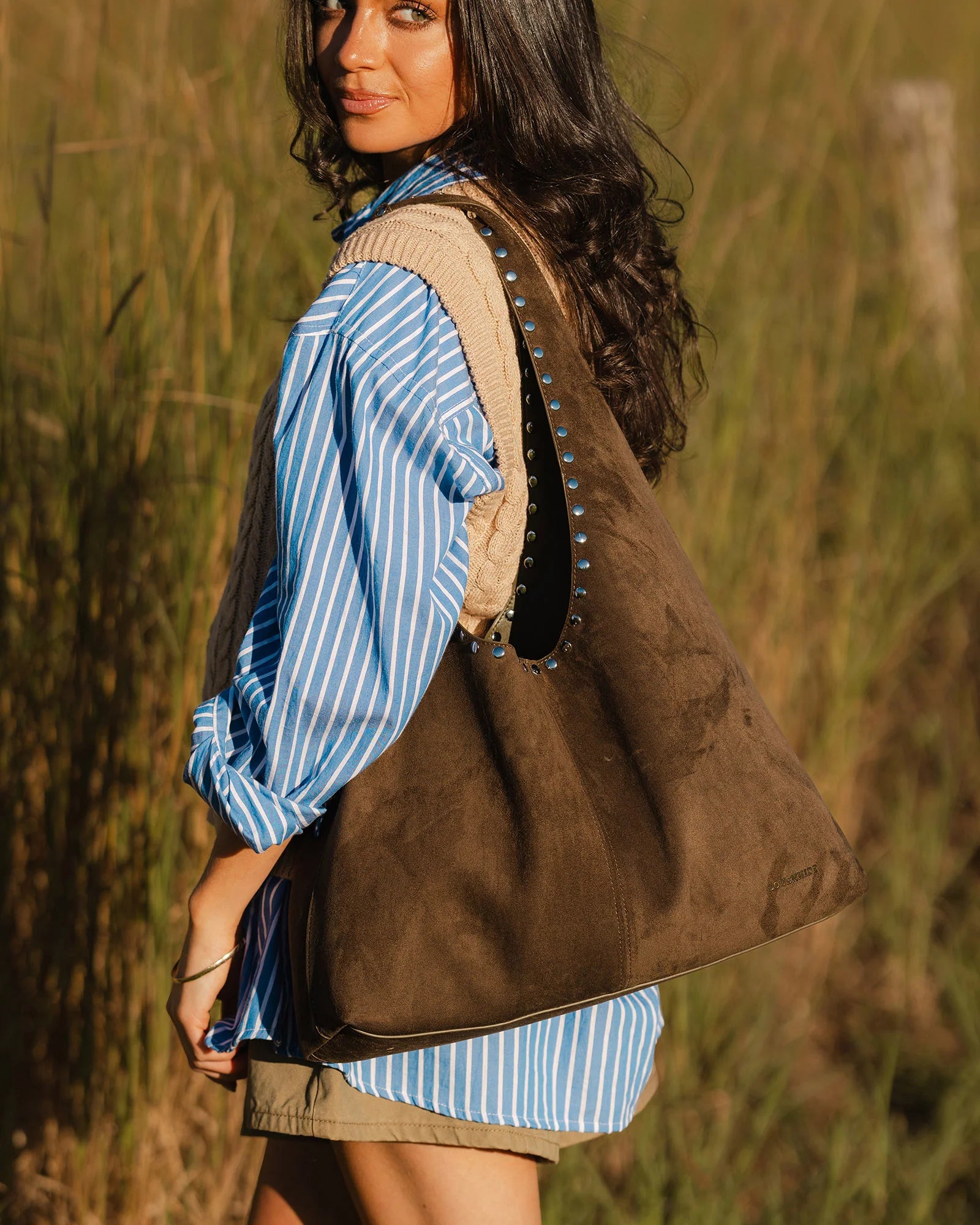 Hailey Suedette Shoulder Bag (Olive Brown) by Louenhide