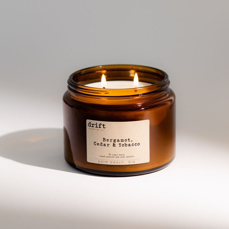 Bergamot, Cedar & Tobacco Candle in amber glass by Drift Trading Co. | Natural Soy Wax candles