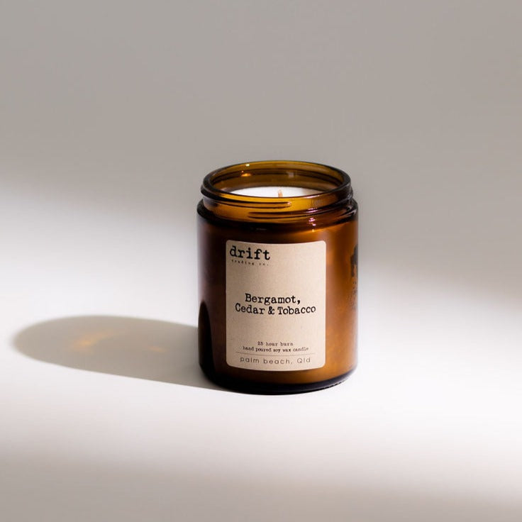 Bergamot, Cedar & Tobacco Candle in amber glass by Drift Trading Co. | Natural Soy Wax candles
