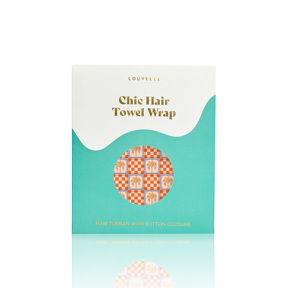 Riva Hair Towel Wrap (Orange Palm Check) by Louvelle